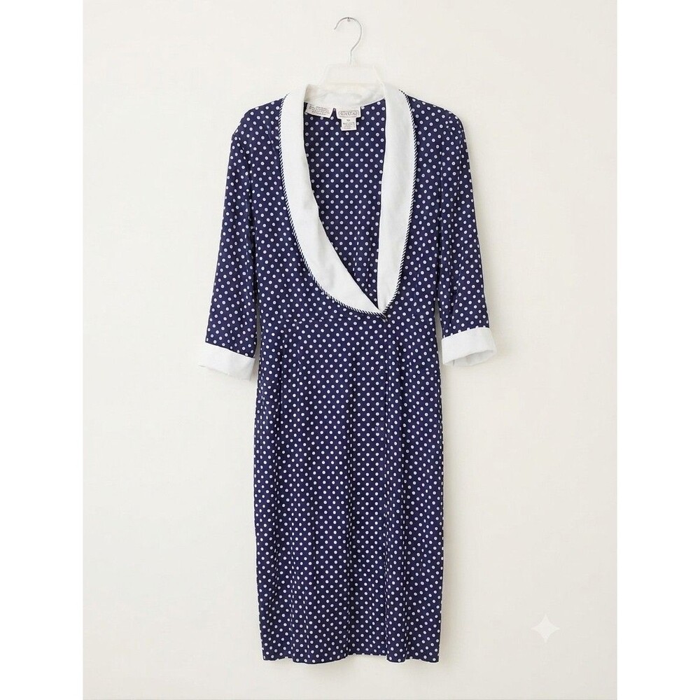 Liz Roberts Dress Plus Size 20 Navy Blue White Polka Dot Retro Collar 100% Poly